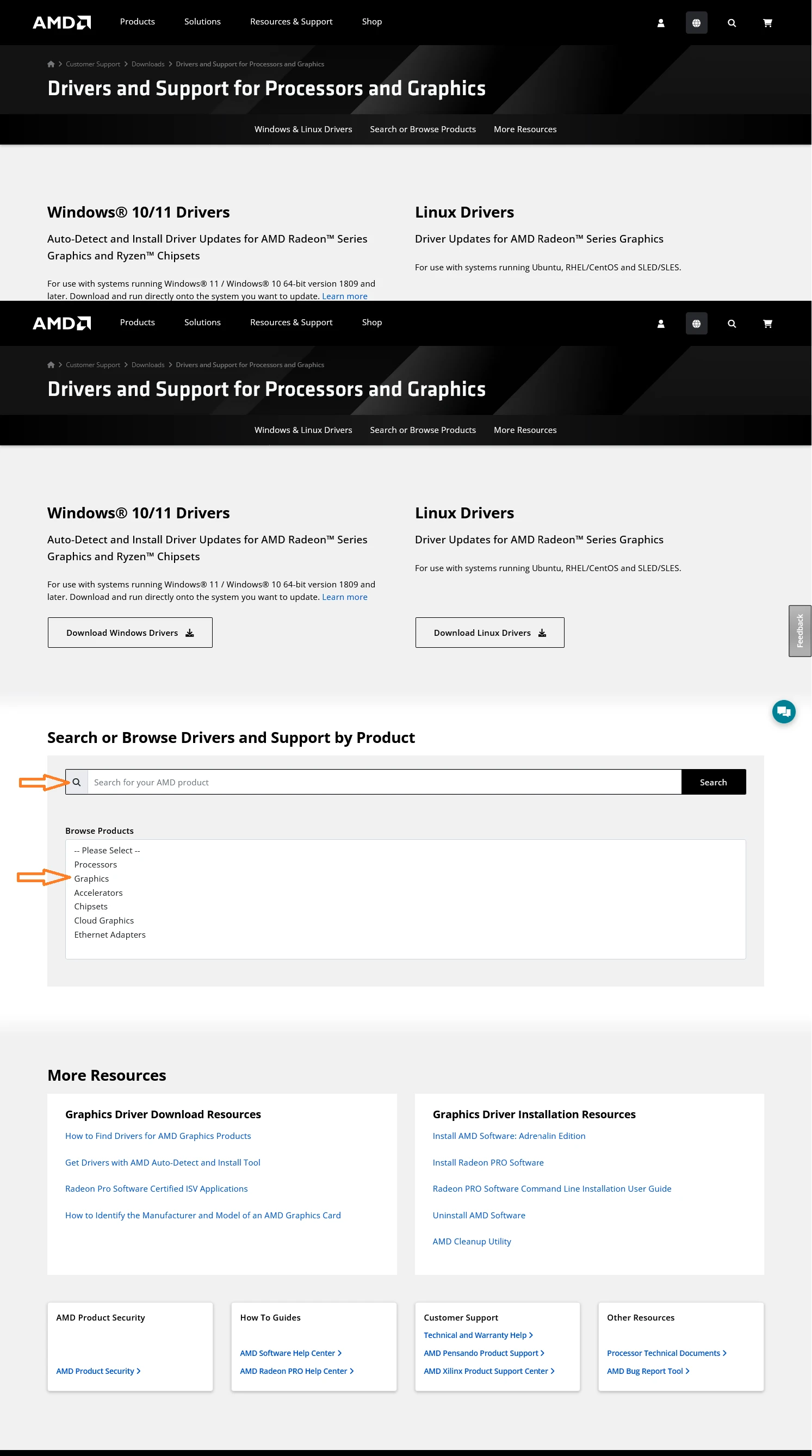 AMD drivers page with the search-or-browse-by-product section