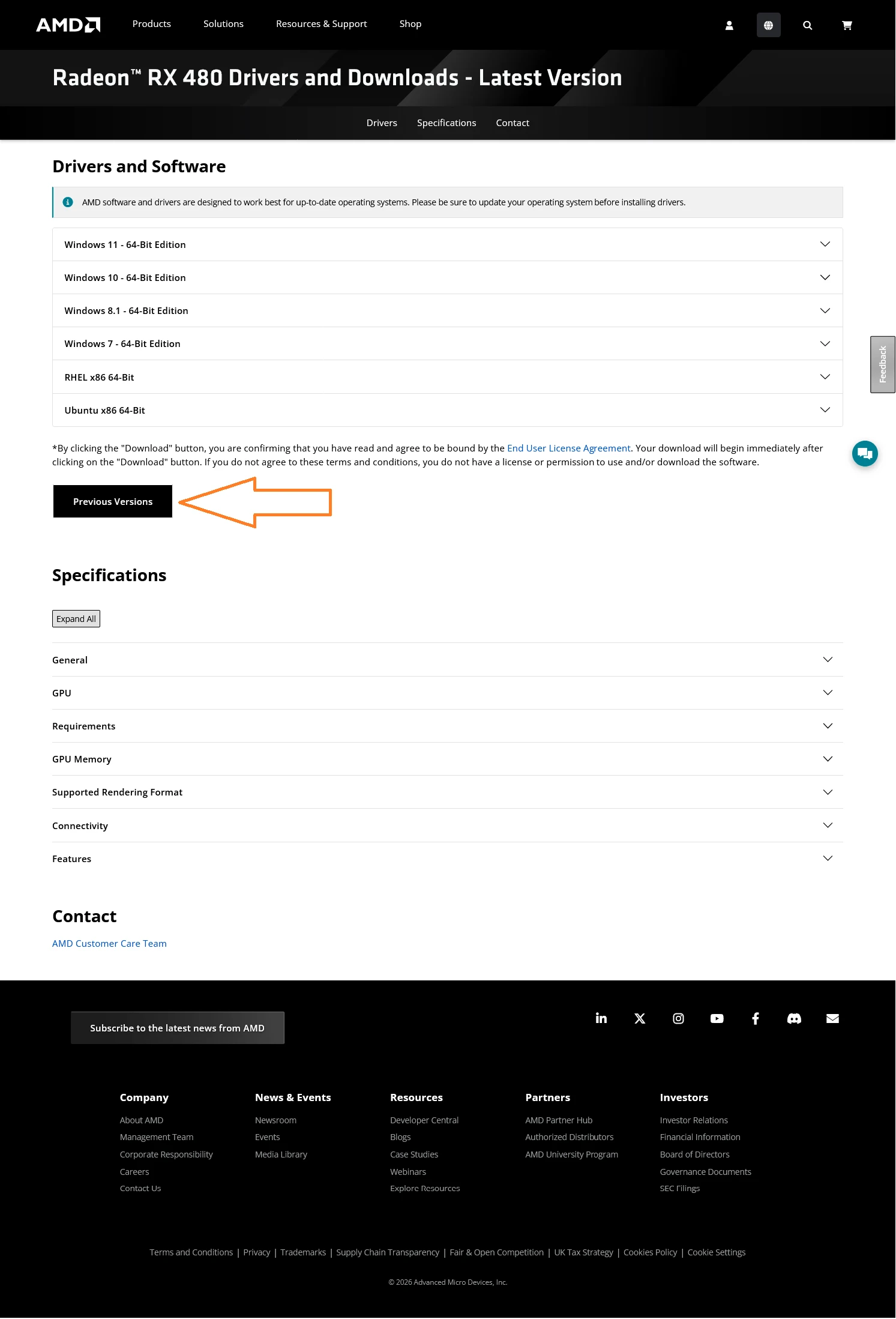 AMD driver download page with the Previous Versions link highlighted