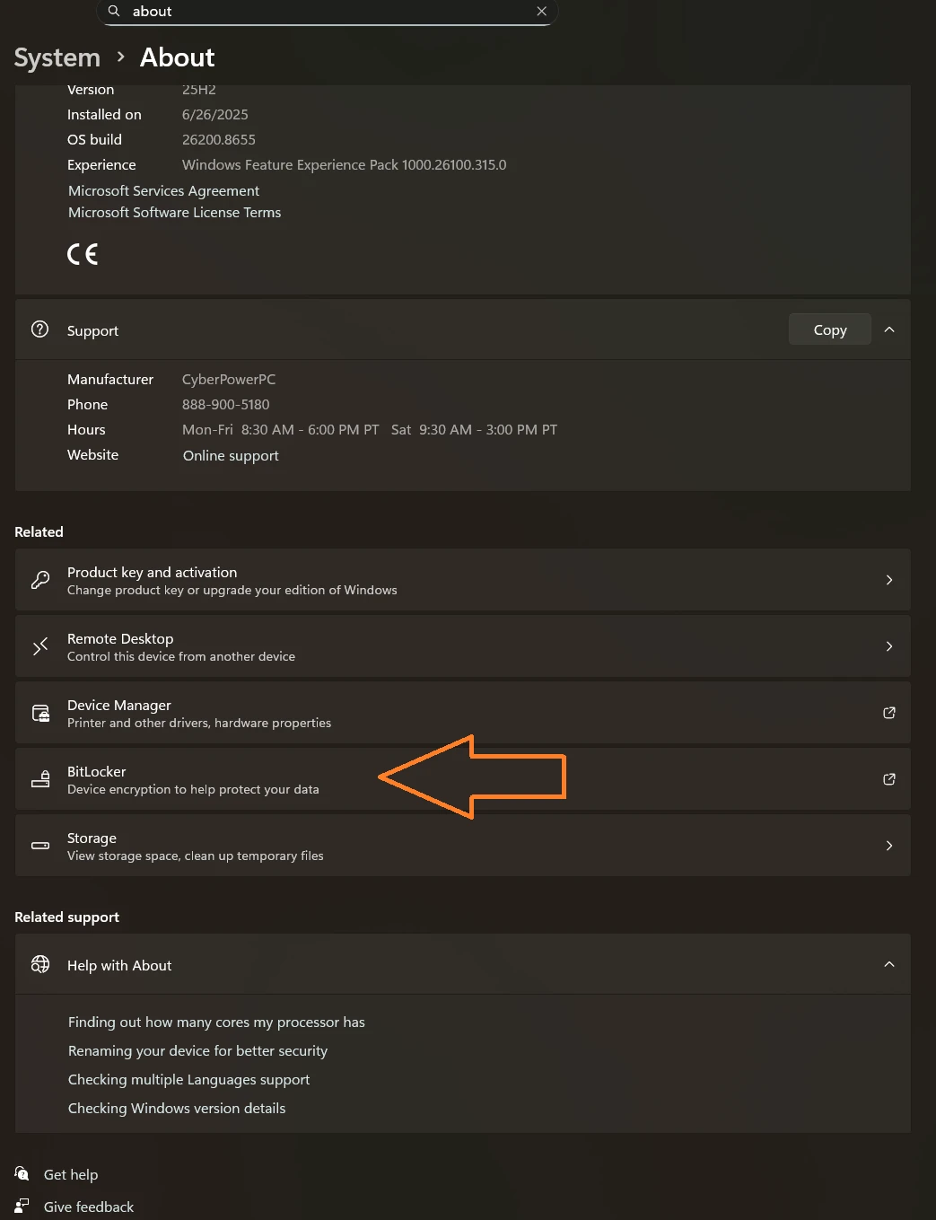 Windows Settings, System > About, scrolled to the BitLocker entry