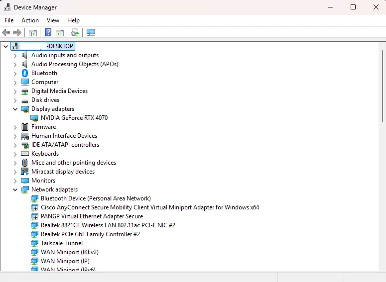 Device Manager with Display adapters expanded, showing the graphics card name