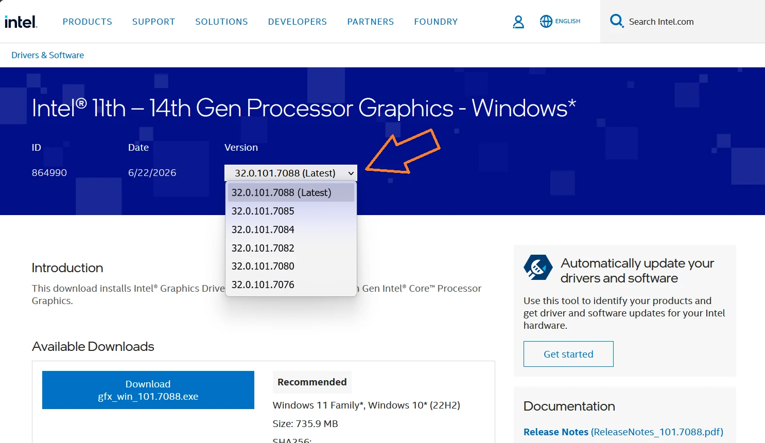 Intel Download Center graphics driver version list