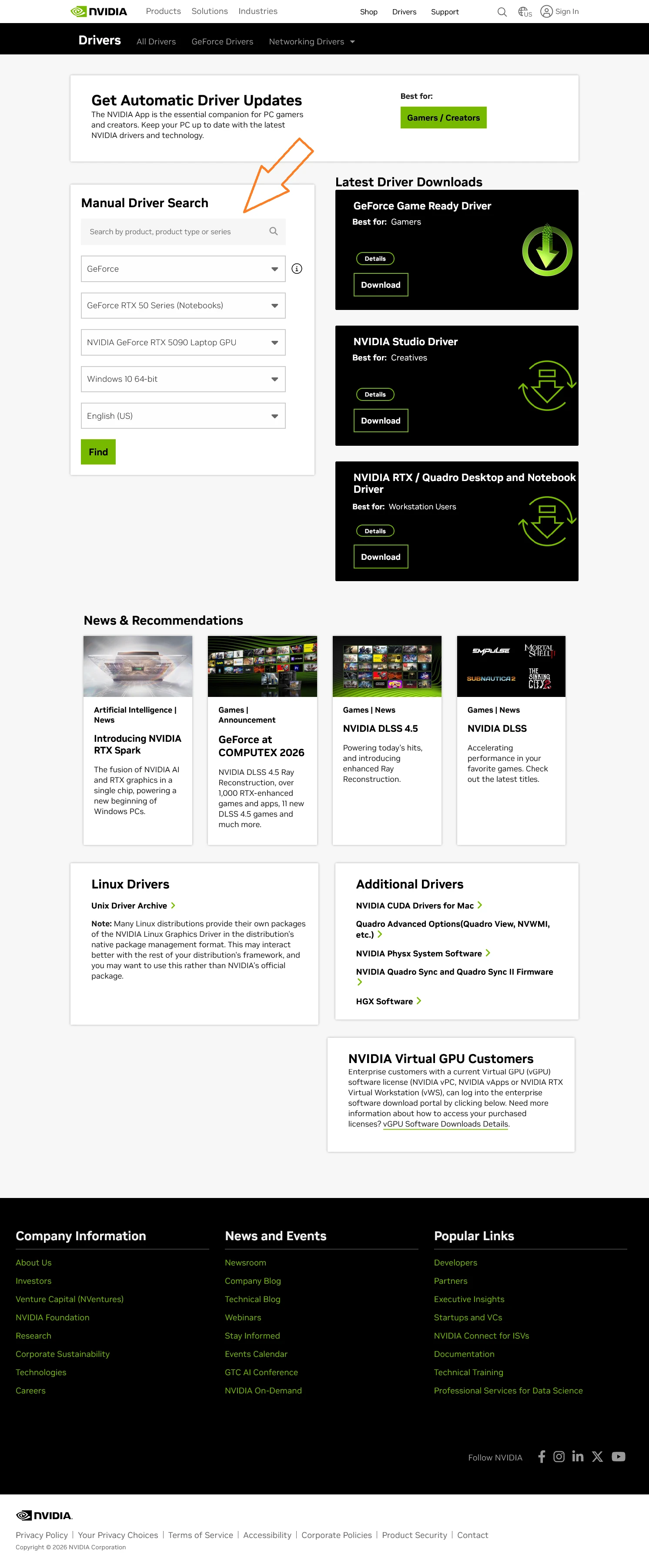 NVIDIA Drivers page with the Manual Driver Search panel highlighted
