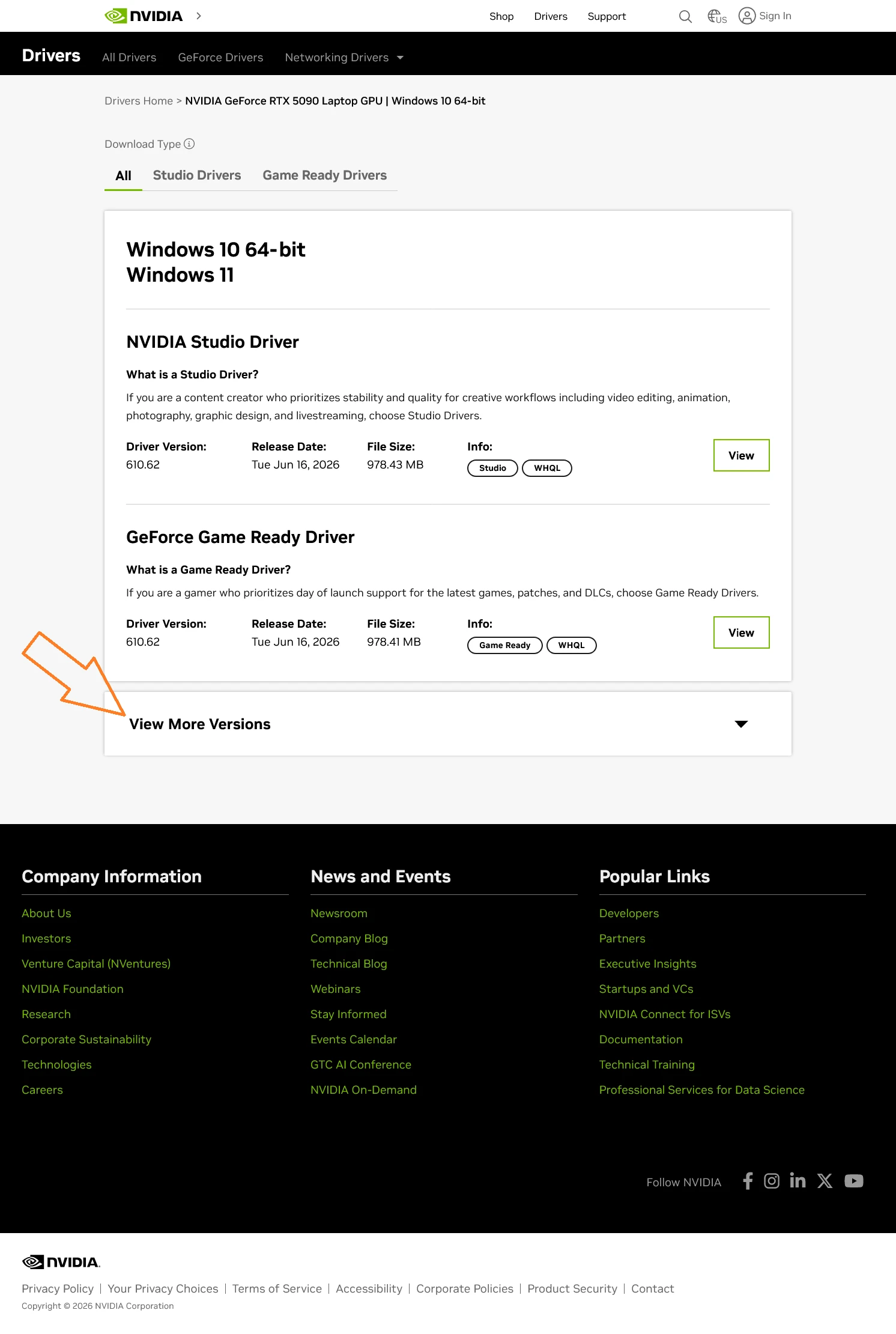 NVIDIA results showing Studio and Game Ready drivers with the View More Versions link