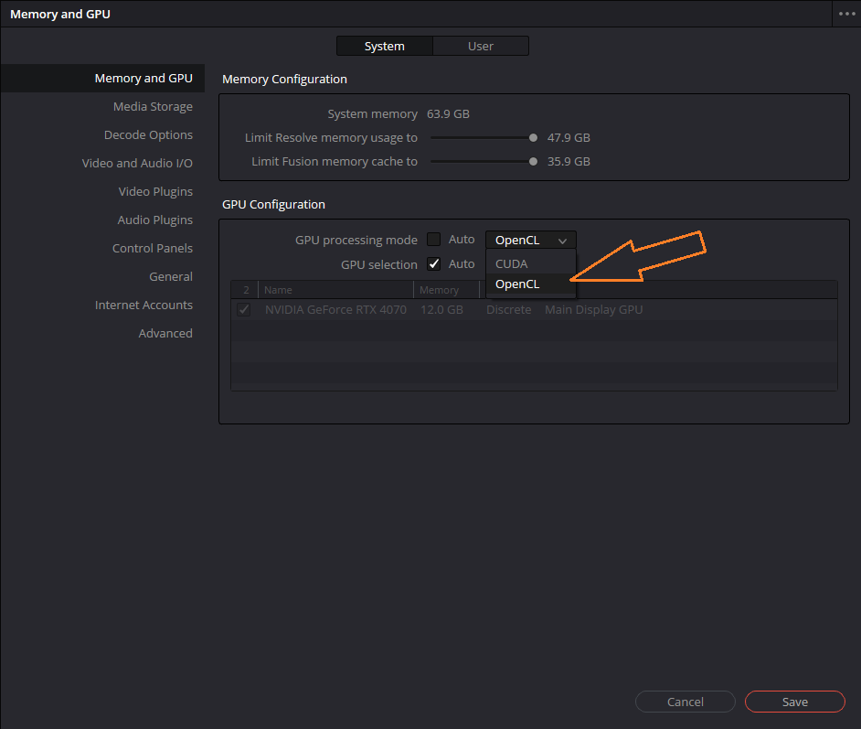 DaVinci Resolve Preferences, Memory and GPU panel: GPU processing mode set to OpenCL (highlighted), with the physical NVIDIA RTX 4070 selected in the GPU list.
