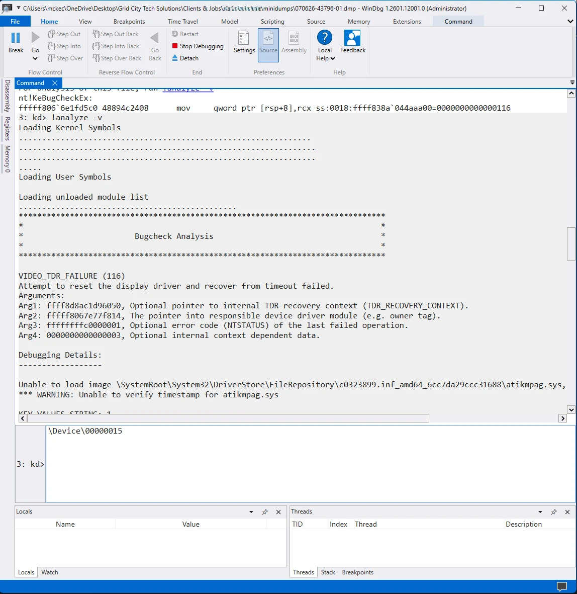 WinDbg after running !analyze -v: the Bugcheck Analysis banner identifies VIDEO_TDR_FAILURE (116) — an attempt to reset the display driver and recover from timeout failed — with all four arguments listed and explained.