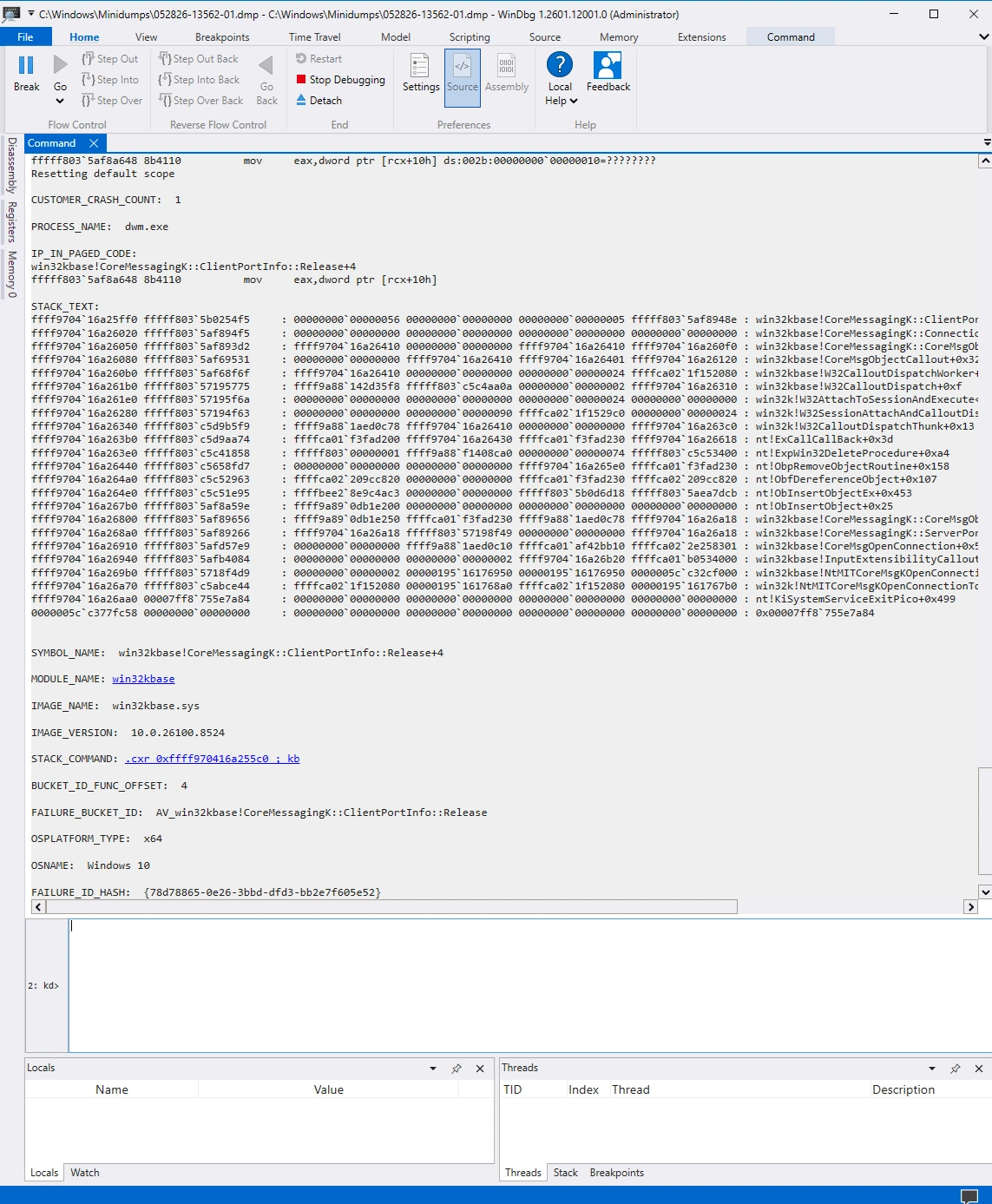 WinDbg !analyze -v output for the minidump, showing the failing call stack inside win32kbase and dwm.exe following a failed kernel allocation.