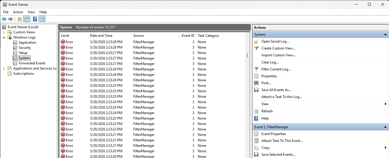 Windows Event Viewer System log showing dozens of back-to-back FilterManager Error events (Event ID 3) within the same minute, out of 51,517 total events.