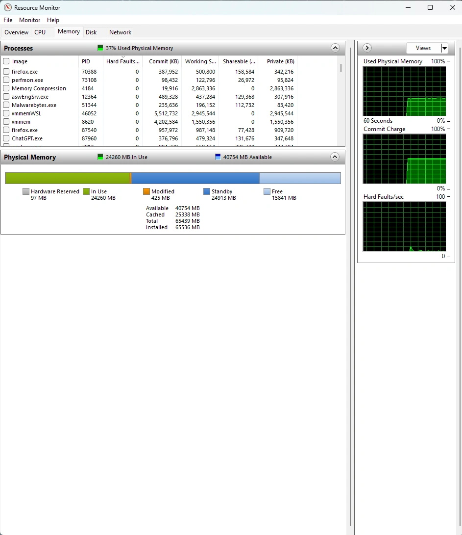 Resource Monitor before the fix, with Avast (aswEngSrv.exe) and Malwarebytes processes resident and 24 GB of physical memory in use.