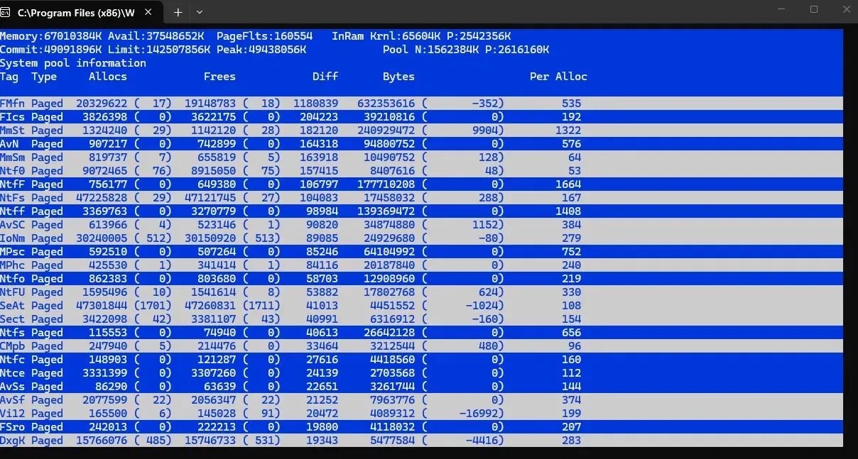 PoolMon sorted by allocation count with the FMfn tag at the top, showing over a million outstanding allocations while Avast File Shield is on.